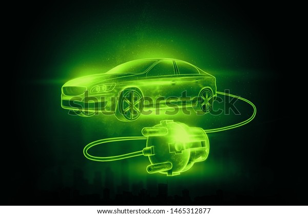 Creative\
background, Electric car with charging wire, hologram. The concept\
of electromobility e-motion, charging for the car, modern\
technology. 3D Render, 3D\
illustration.