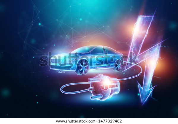 Creative background, Electric car with\
charging wire, hologram, electricity sign. The concept of\
electromobility e-motion, charging for the car, modern technology.\
3D Render, 3D\
illustration.