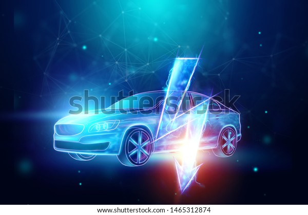 Creative\
background, Electric car hologram, electricity sign. The concept of\
electromobility e-motion, charging for the car, modern technology.\
Copy space. 3D Render, 3D\
illustration.
