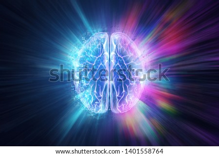 Creative background, the human brain on a blue background, the hemisphere is responsible for logic, and responsible for creativity. of different hemispheres of the brain, 3D illustration, 3D render