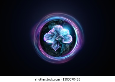 Creative background, image of a hologram of a cloud on the background of the globe. The concept of cloud technology, cloud storage, a new generation of networks. Copy space, Mixed media.