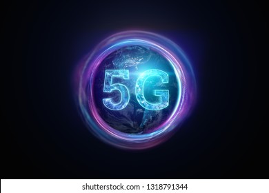 Creative background, the inscription 5G on the background of the globe. The concept of 5G network, high-speed mobile Internet, new generation networks. Copy space, Mixed media. 3d rendering