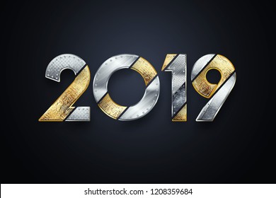 Creative background, Metal year two thousand nineteen, Happy new year 2019 , metallic text. copy space