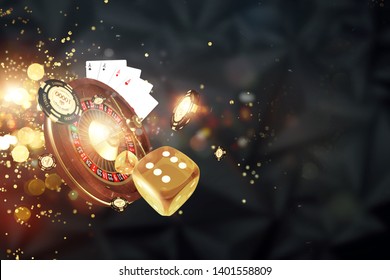 Creative background, roulette, gaming dice, cards, casino chips on a dark background. The concept of gambling, casino, winnings, Vegas Games Background. 3D render, 3D illustration.