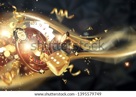 Creative background, roulette, gaming dice, cards, casino chips on a dark background. The concept of gambling, casino, winnings, Vegas Games Background. 3D render, 3D illustration.
