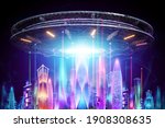 Creative background, UFO plate hovers over the night city in neon lights. Aliens, aliens, contact, invasion concept. 3D rendering, 3D illustration