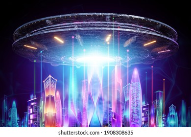 Creative background, UFO plate hovers over the night city in neon lights. Aliens, aliens, contact, invasion concept. 3D rendering, 3D illustration