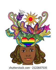 Creative Beautiful Mind, Brain And Mental Health Wellness For Gay Pride, LGBTQ People. A Lesbian Black African American Ethnicity Woman With Flowers And Plants Nature Comes From Her Brain.