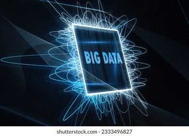 Creative big data chip on blurry blue waves background. Machine learning and information mining concept. 3D Rendering