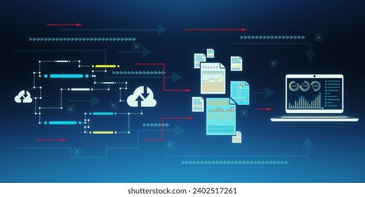 Creative big data transfer and digital transformation hologram on blue background. 3D Rendering
