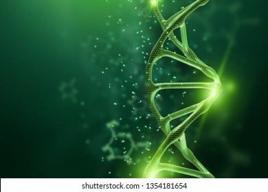 Creative, biological background, DNA structure, DNA molecule on a green background. 3d render, 3d illustration. The concept of medicine, research, experiments, experiment, virus, disease.