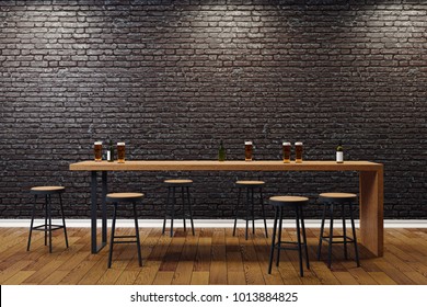 Creative Black Brick Pub Or Bar Interior With Copy Space On Wall. Mock Up, 3D Rendering 