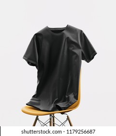 Creative Black Color T-shirt Mockup On A Chair On White Background. 3D Rendering