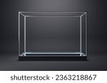 Creative blank glass showcase on dark black background. Products presentation and purchase concept. Mock up, 3D Rendering
