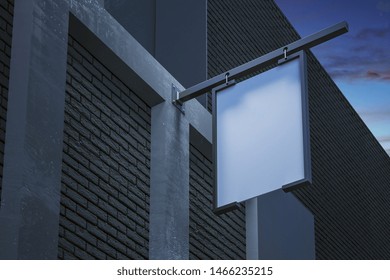 Creative Blank Square White Stopper On Building Exterior. Night Time. Advertisement And Commercial Concept. Mock Up, 3D Rendering 