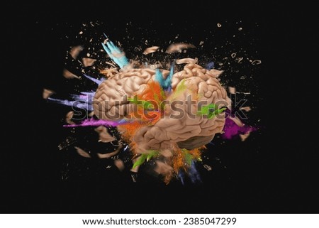 Creative brain explodes with debris, colored splashes of paint on a black background, concept idea. Think differently. Intelligence, concept. Braystorm and Thinking