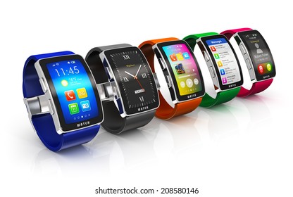 Creative business mobility and modern mobile wearable device technology concept: collection of color digital smart watches or clocks with colorful screen interface isolated on white background