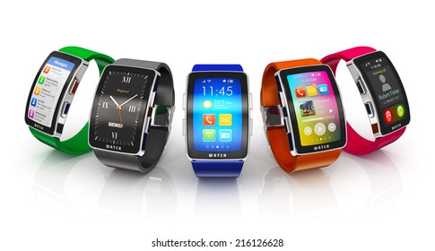 Creative Business Mobility And Modern Mobile Wearable Device Technology Concept: Collection Of Color Digital Smart Watches Or Clocks With Colorful Screen Interface Isolated On White Background