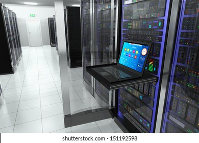 Creative business web telecommunication, internet technology connection, cloud computing and networking connectivity concept: terminal monitor in server room with server racks in datacenter interior - Powered by Shutterstock