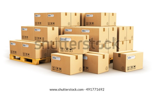 クリエイティブな荷物 配送 輸送物流倉庫の業界コンセプト 白い背景に木の出荷用パレットに積み重ねられた段ボール箱のグループ のイラスト素材