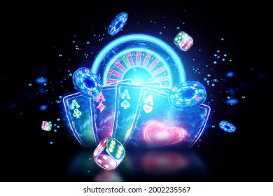 Creative casino background, neon playing cards, roulette, dice on a dark background. Leaflet. Concept for gambling, poker, header for the site. Copy space. 3D illustration, 3D rendering.
