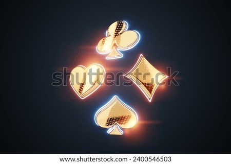 Creative casino background, poster template, gaming design, flyer, banner, website header, advertisement. Golden 3d figures of casino playing cards suits. 3D render, Copy space