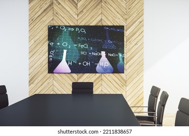 Creative chemistry hologram on presentation monitor in a modern boardroom, pharmaceutical research concept. 3D Rendering - Powered by Shutterstock