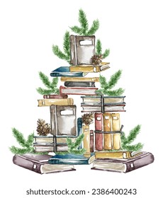 A creative Christmas tree made from library books in old bindings of various muted shades, fir cones and green pine branches. Hand drawn watercolor illustration on white background