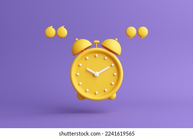creative clock yellow, quote mark on purple background. alarm clock reminder sound time past present future routine morning noon evening awake message. working lifestyle and activity. 3D Illustration.