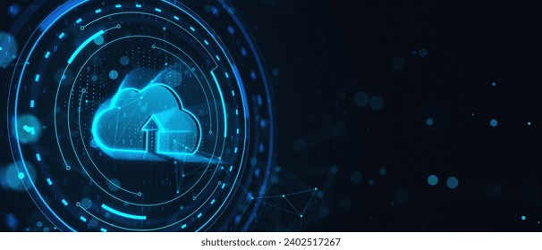 Creative cloud computing hologram on blurry dark wide blue background. Server and data concept. 3D Rendering