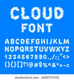 Creative cloud font vector with uppercase letters, numbers, and symbols in a fluffy sky style. Perfect for kids' themes, weather graphics, playful titles, and cartoon design projects. Cloud Font.