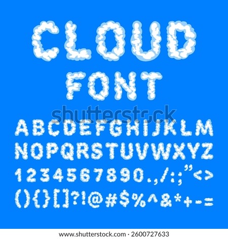 Creative cloud font vector with uppercase letters, numbers, and symbols in a fluffy sky style. Perfect for kids' themes, weather graphics, playful titles, and cartoon design projects. Cloud Font.
