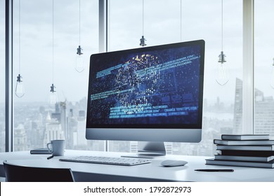 Creative Code Skull Hologram On Modern Computer Monitor, Cybercrime And Hacking Concept. 3D Rendering