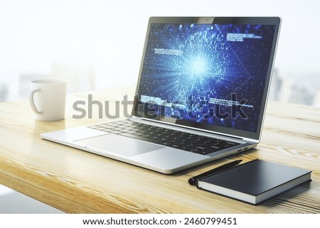 Creative code skull hologram on modern computer monitor, cybercrime and hacking concept. 3D Rendering