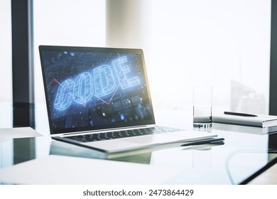Creative Code word hologram on modern computer monitor, artificial intelligence and neural networks concept. 3D Rendering