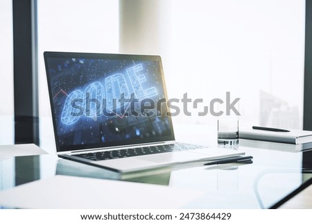 Creative Code word hologram on modern computer monitor, artificial intelligence and neural networks concept. 3D Rendering