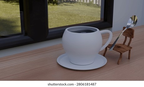Creative coffee break concept featuring a white mug next to a shiny spoon resting on a miniature wooden chair