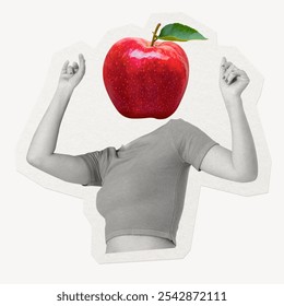 A creative collage featuring a headless female figure with an apple for a head. This artistic representation blends surrealism and femininity, emphasizing the apple's vibrant color. - Powered by Shutterstock