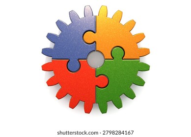 Creative colourful cogwheel with puzzle connection. Teamwork concept, 3d rendering