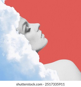 A creative composition blending a woman's profile with white clouds against a red backdrop. Black and white woman portrait with closed eyes. Grunge, noise and motion blur retro vintage effect applied