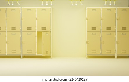 Creative composition. Row of lockers in the hallway on pastel yellow background. Locker room gym school interior. 3D render for web page, presentation, studio.