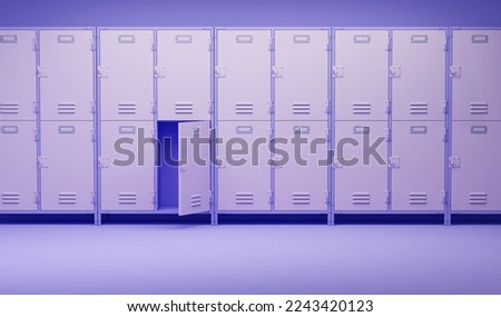 Creative composition. Row of lockers in the hallway on pastel purple background. Locker room gym school interior. 3D render for web page, presentation, studio.