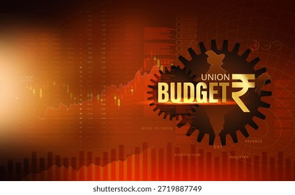 Creative concept background illustration representing the 'Union Budget' and Indian economy .Features financial charts, market data visualization, rupee symbol, and India map illustration symbolizing economic growth, fiscal policy, taxation, industry,
agriculture, and national development. 