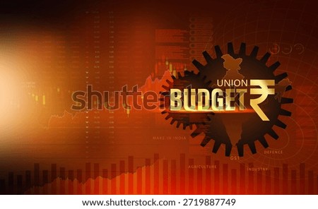 Creative concept background illustration representing the 'Union Budget' and Indian economy .Features financial charts, market data visualization, rupee symbol, and India map illustration symbolizing economic growth, fiscal policy, taxation, industry,
agriculture, and national development. 