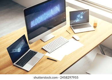 Creative concept of blockchain technology on modern laptop screen. digital money transfers and decentralization concept. 3D Rendering