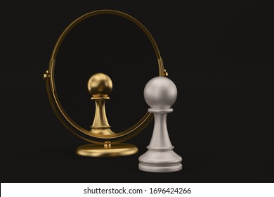 Creative concept chess and  mirror  isolated on white background. 3D illustration.