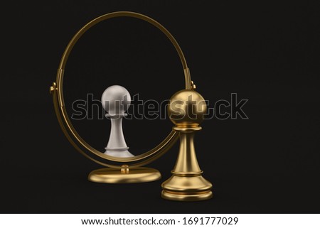 Creative concept chess and  mirror  isolated on white background. 3D illustration.