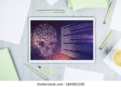 Creative concept of code skull illustration on modern digital tablet screen. Hacking and phishing concept. Top view. 3D Rendering