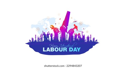 Creative concept of Happy International Labour Day. A group of Labor, city skyline, real estate construction site and world map background. - Powered by Shutterstock