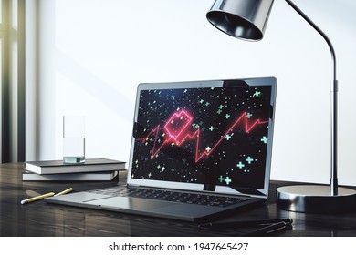 Creative concept of heart pulse illustration on modern laptop screen. Medicine and healthcare concept. 3D Rendering